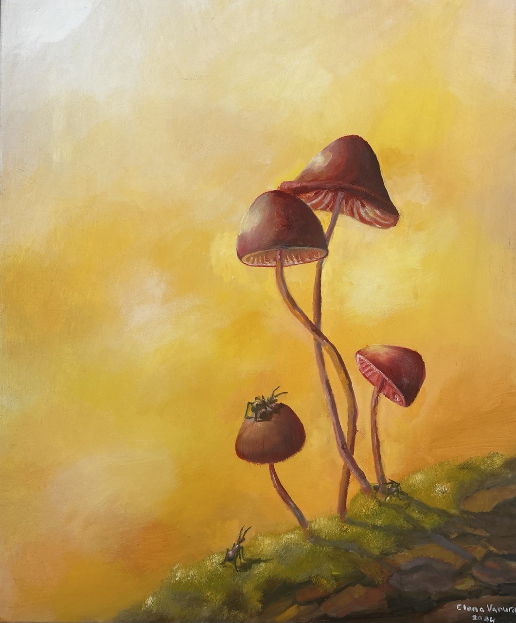 Mushroom Family — Lena Vanurina forest oil painting, mushrooms, nature, contemporary art Cyprus — full view