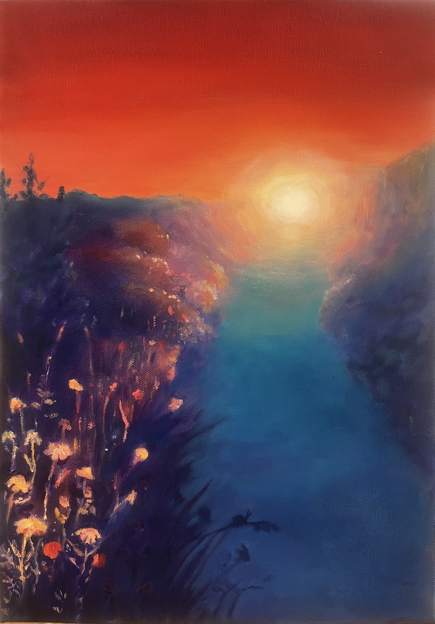 Sunset — Lena Vanurina landscape oil painting, flowers, light study, contemporary art Cyprus — full view